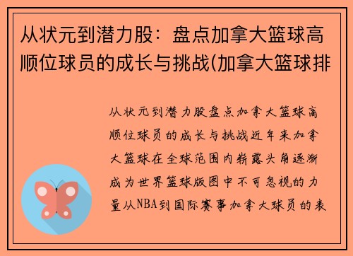 从状元到潜力股：盘点加拿大篮球高顺位球员的成长与挑战(加拿大篮球排名)